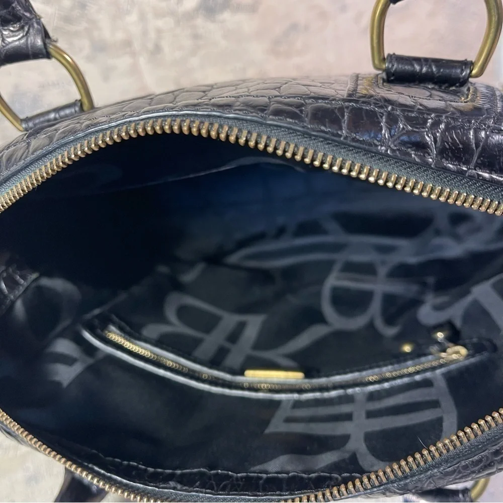 Banana Republic Black Croc Embossed Leather Satchel Work Tote Gold Hardware